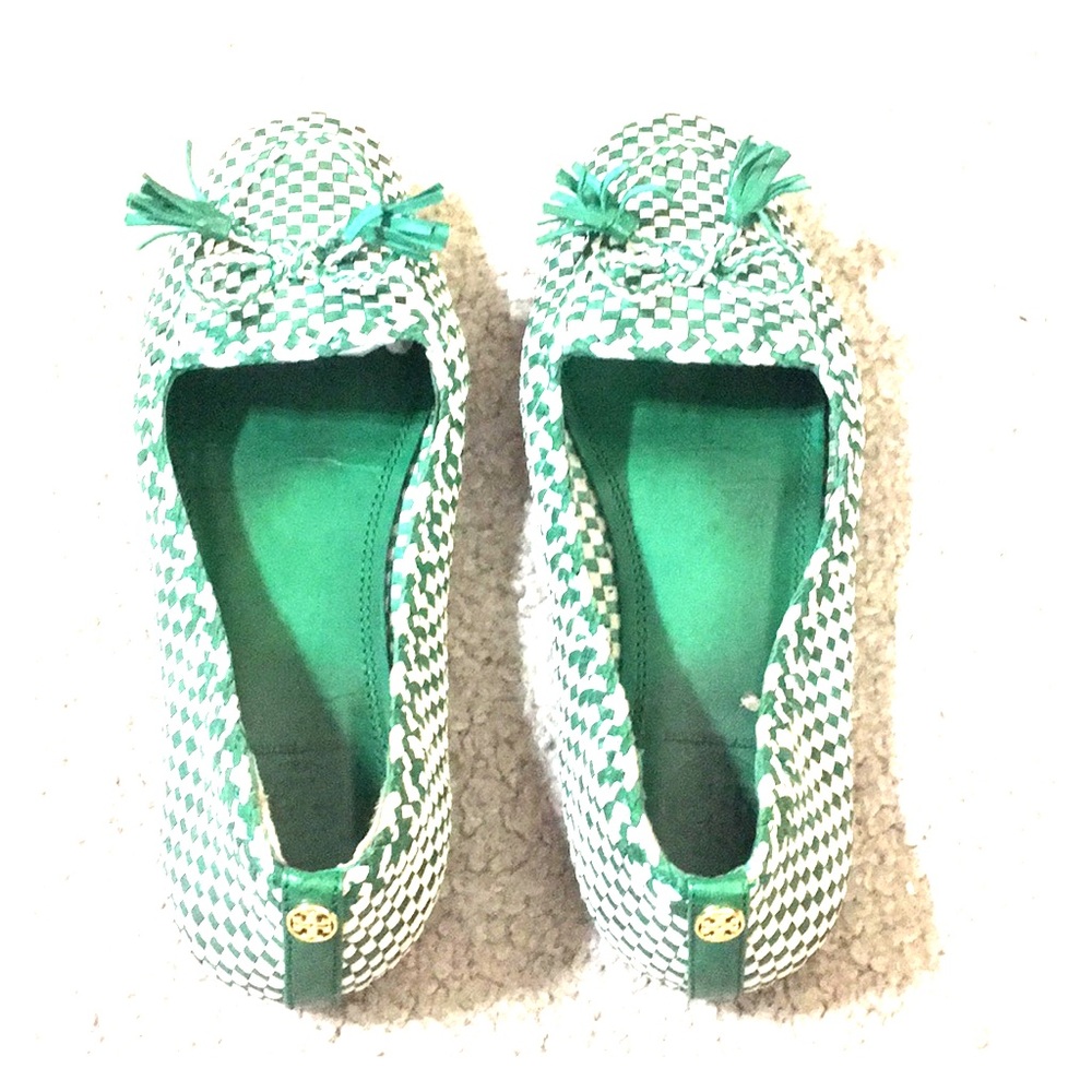 Tory Burch Green and White Woven Loafers